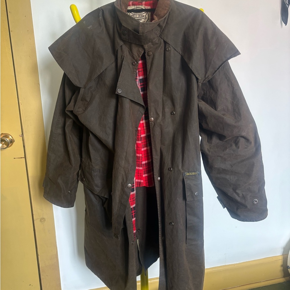 Driza-Bone Brown Waxed Trench Coat with Red Plaid Lining